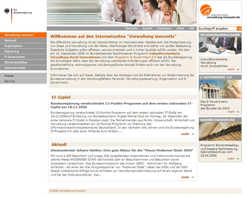 Archivierte Startseite der Regierungsseite Verwaltung innovativ aus dem Jahr 2007 mit Nachrichten zum IT-Gipfel und zu E-Government 2.0